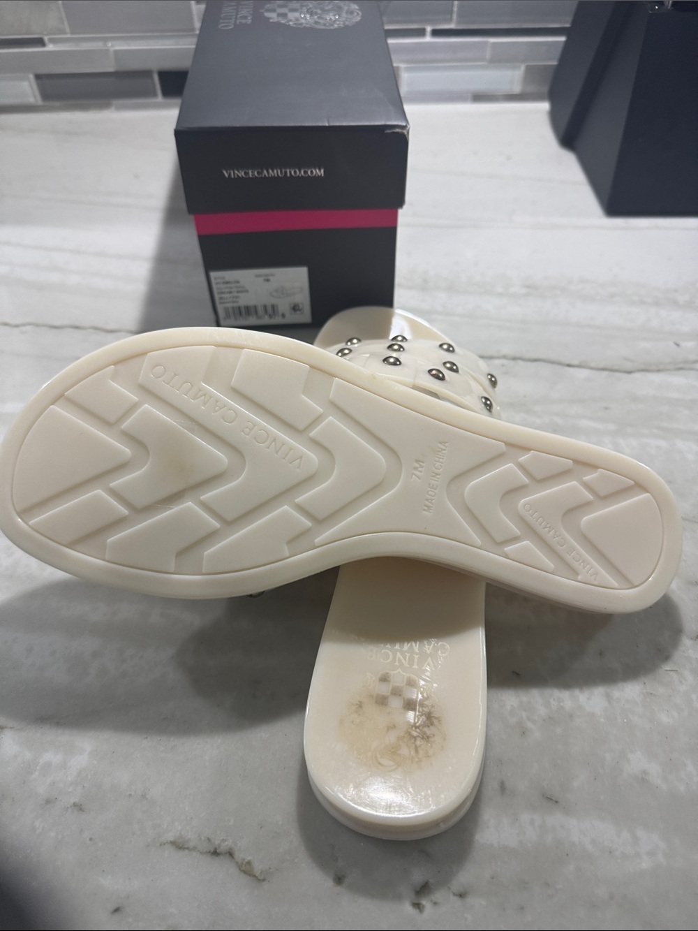 Vince Camuto Cream Studded Slide Sandals with Silver-Tone Studs